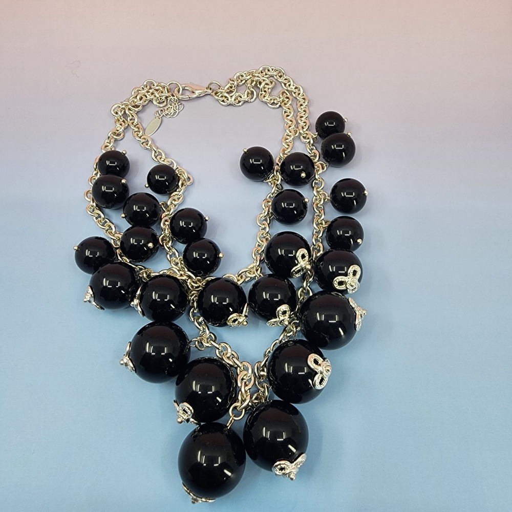 Talbots Black Bead Cluster Bib Necklace Silver Tone Bold Statement Chunky Gift